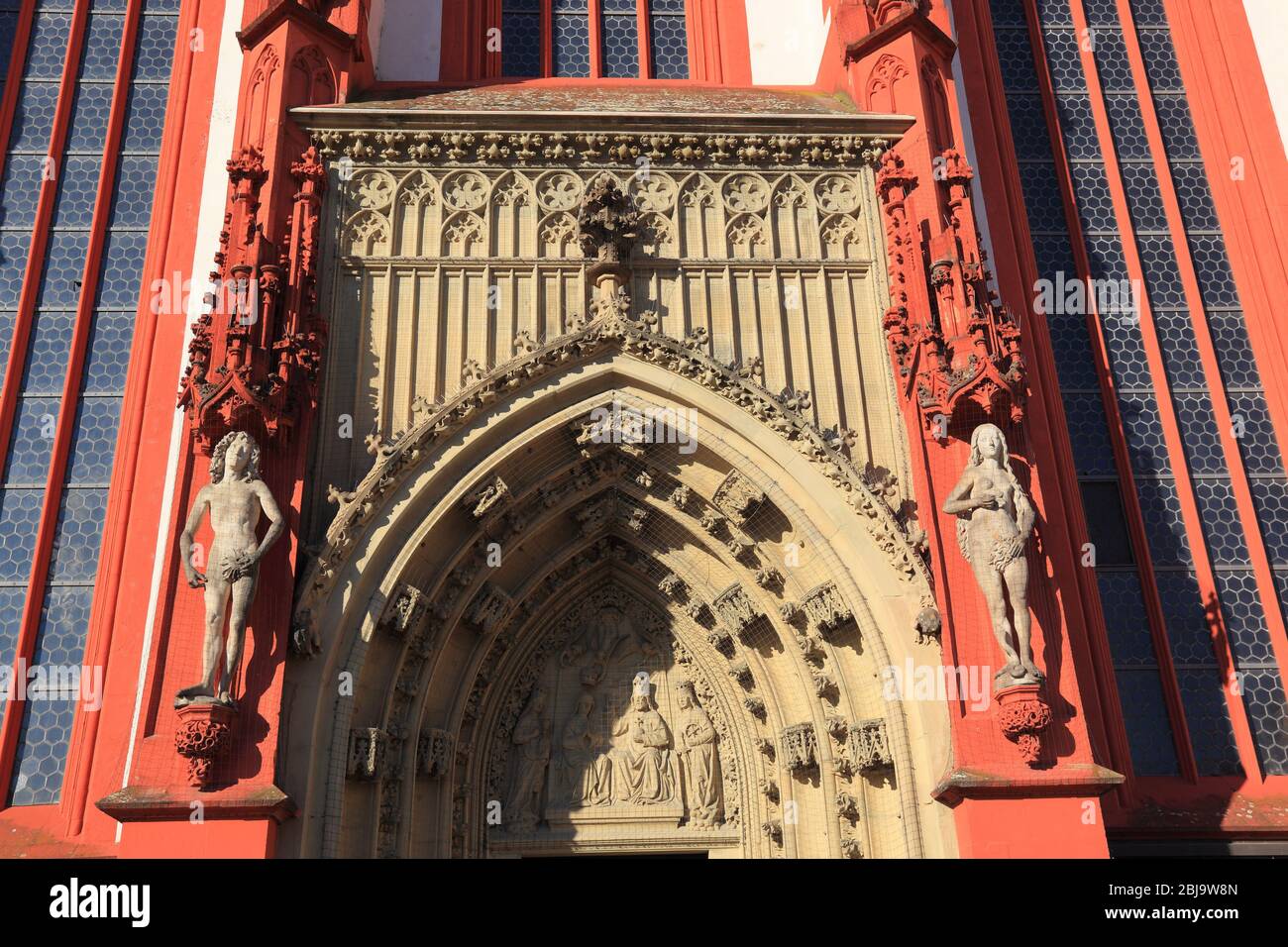 South portal with copies of the sandstone figures by Tilman Riemenschneider, Chapel of the Virgin Mary on the Würzburg market square, Würzburg, Lower Stock Photo
