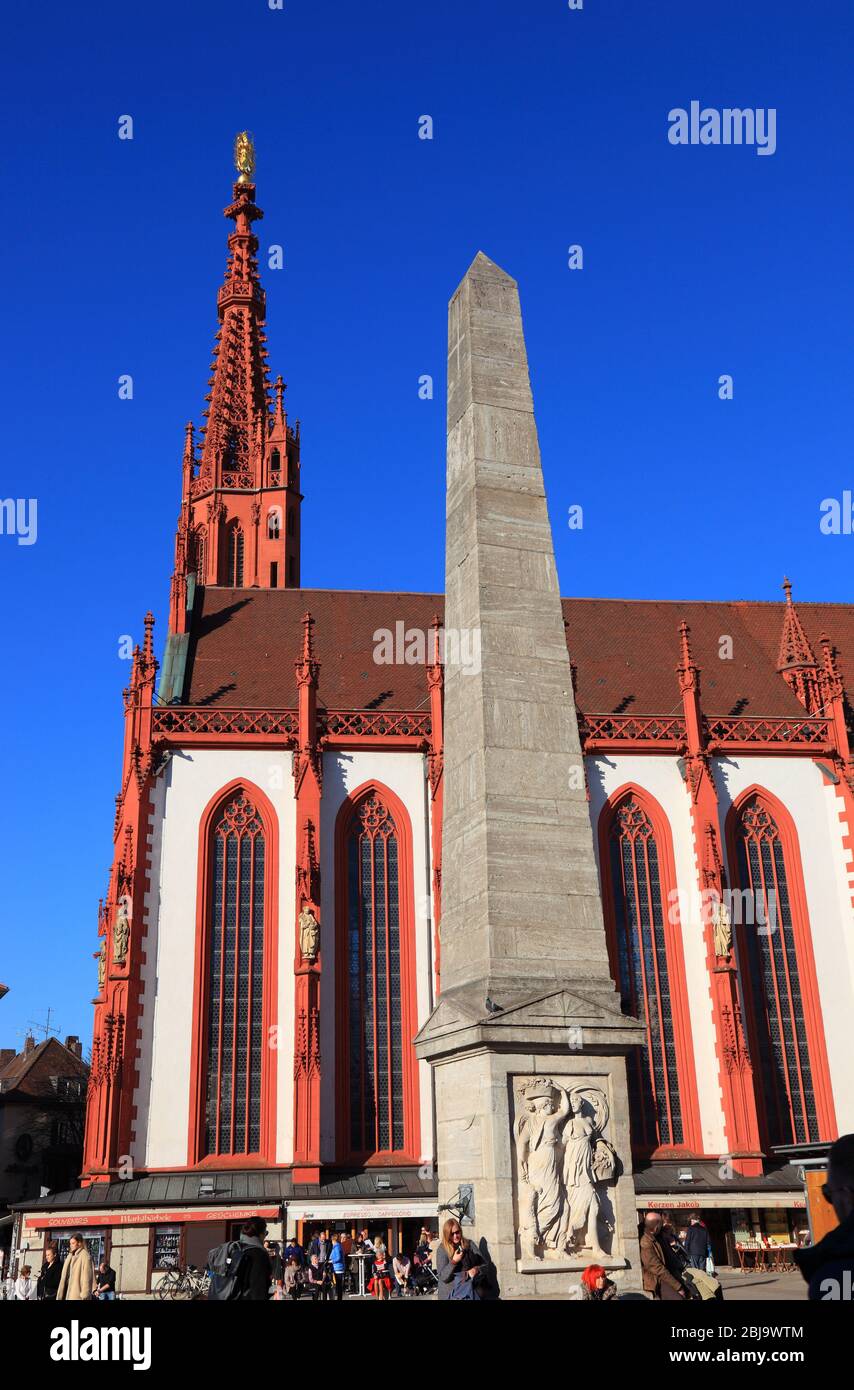 Obelisk, market fountain in obelisk form, Chapel of the Virgin Mary on the Würzburg market square, Würzburg, Lower Franconia, Bavaria, Germany  /  Obe Stock Photo