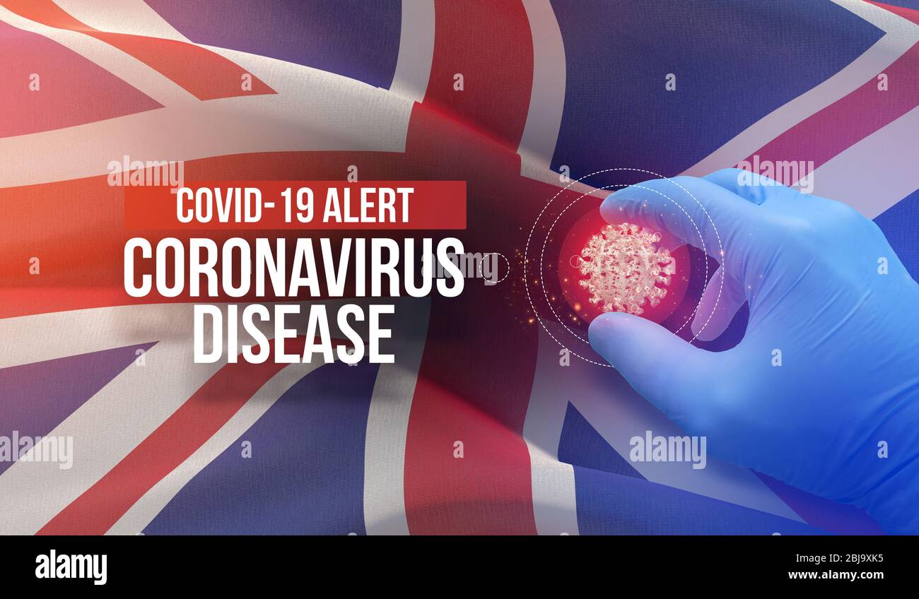COVID-19 alert, coronavirus disease - letter typography text. Medical virus molecular concept with flag of UK. 3D illustration. Stock Photo
