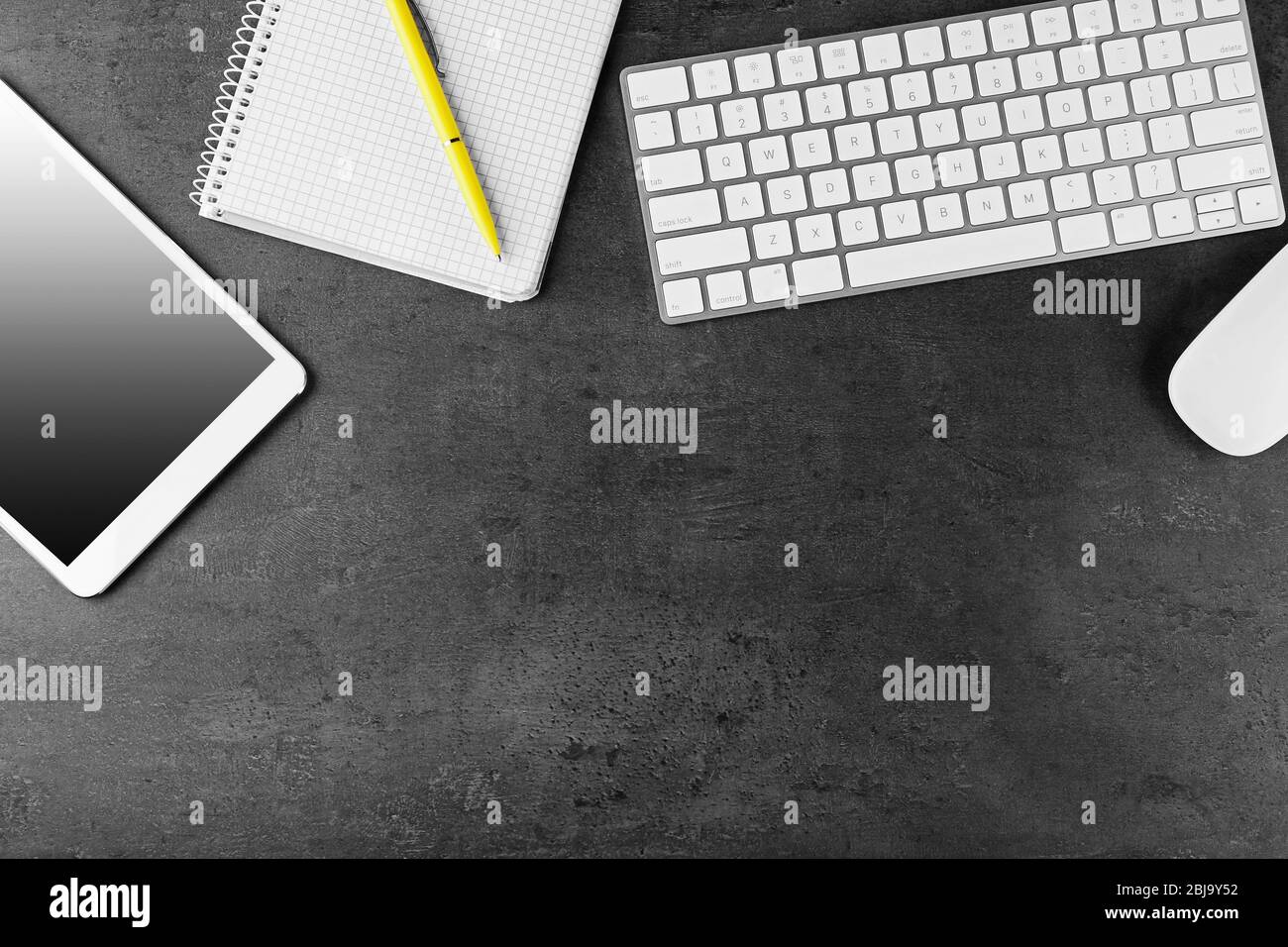 Top view of office desk with accessories Stock Photo Alamy