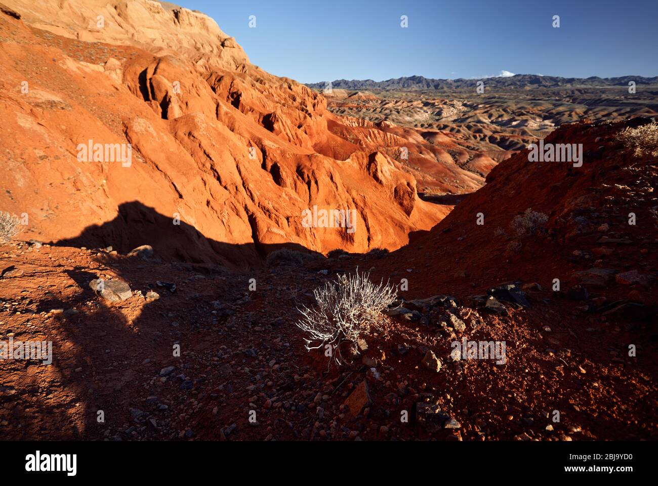 Landscape of Red mountains in the desert canyon against blue sky in Kazakhstan Stock Photo