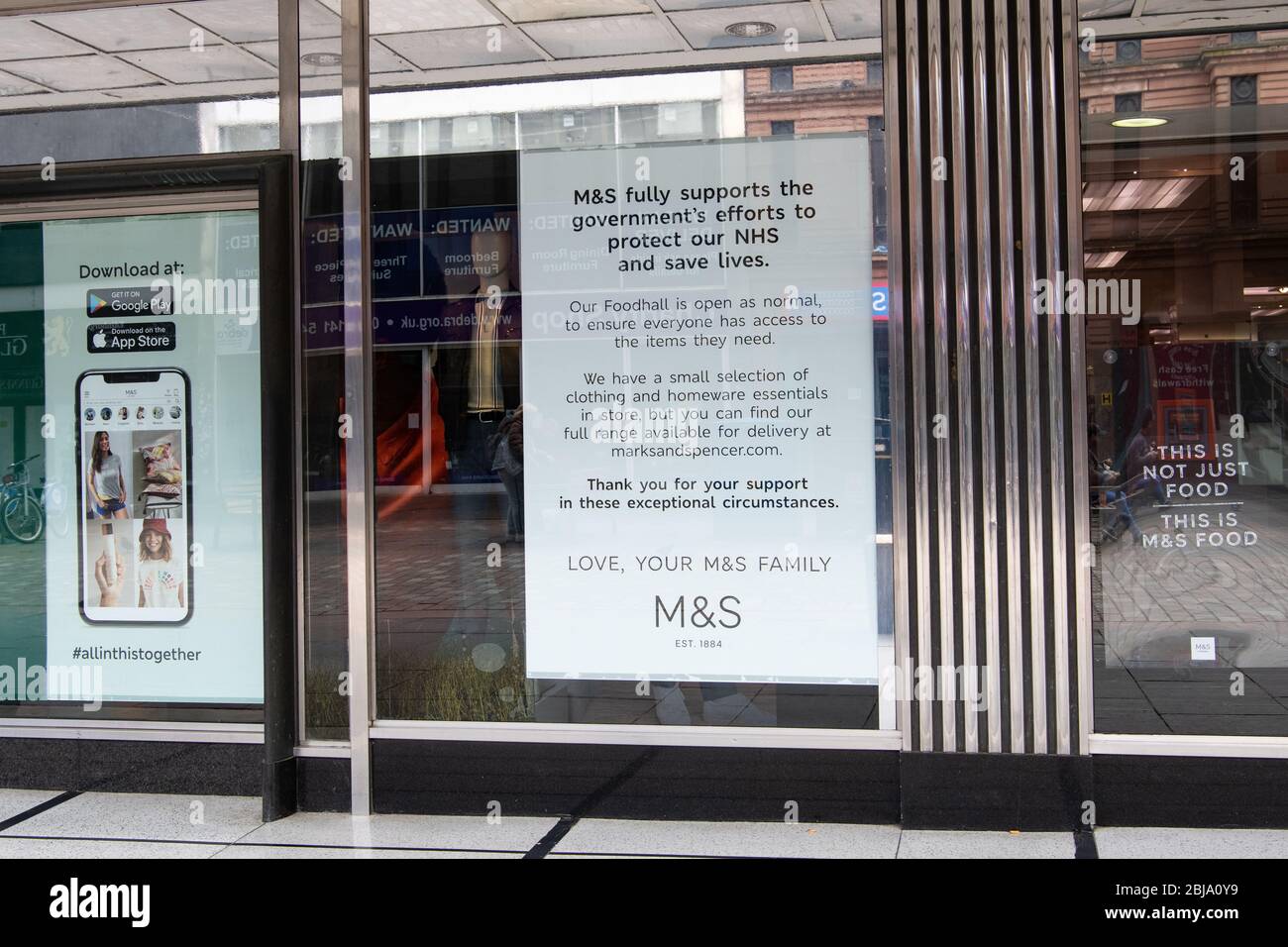 Marks and Spencer M&S partially opened store sign during Coronavirus pandemic lockdown, Glasgow, Scotland, UK Stock Photo
