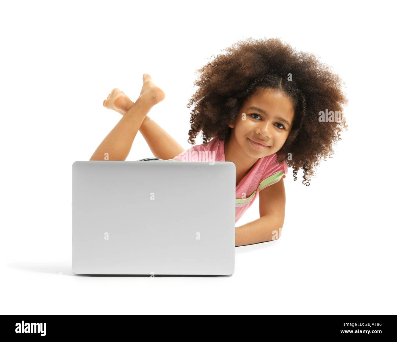 Happy African girl with laptop, isolated on white Stock Photo - Alamy