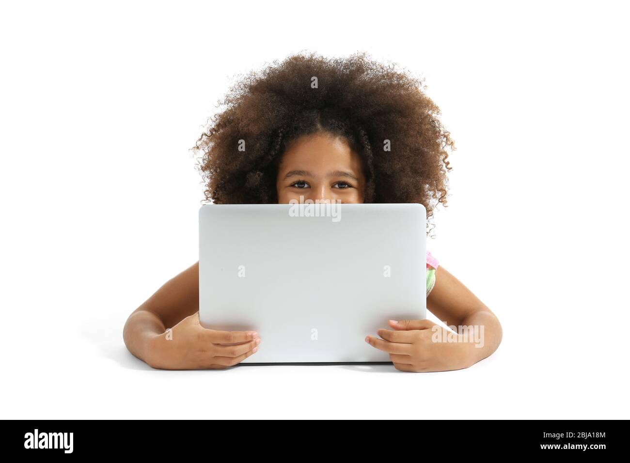 Happy African girl with laptop, isolated on white Stock Photo - Alamy