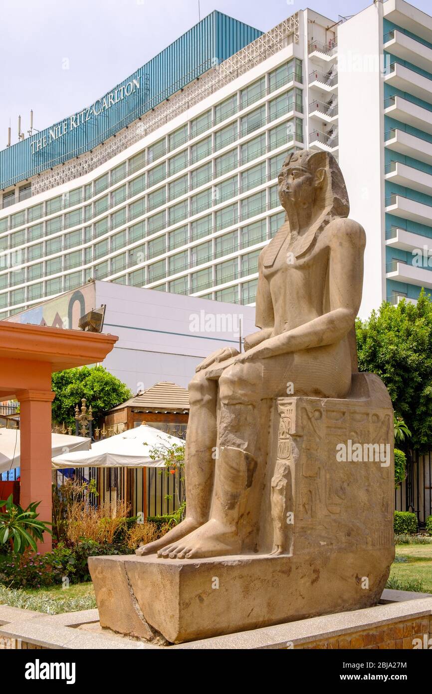 Cairo / Egypt - May 25th 2019: View of the Ritz-Carlton luxury hotel in Cairo from the grounds of the iconic Egyptian Museum in Cairo, Egypt Stock Photo
