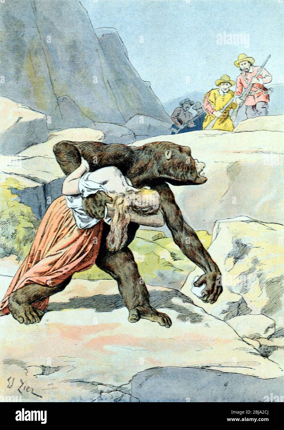 A Mythical Bigfoot, Big Foot or Sasquatch Ape-Like Creature Kidnapping Kidnapping a Woman in North America US 1897. Vintage or Old Illustration or Engraving 1897 Stock Photo