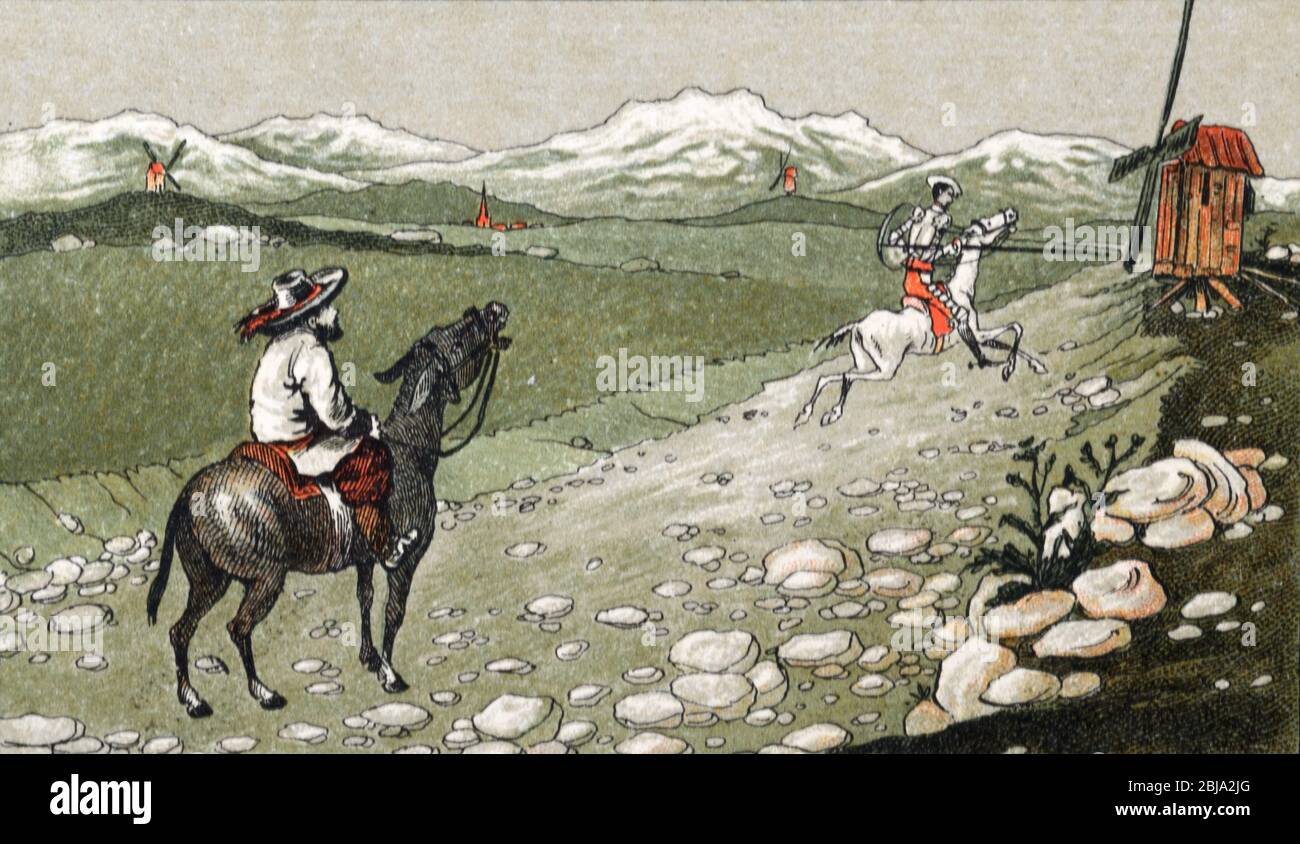 Don Quixote On His Horse Rocinante His Squire Sancho Panza Attacking A Windmill In Spain Illustration C1910 Stock Photo Alamy