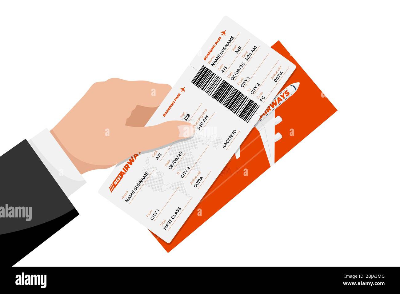Businessman hand holding flight ticket boarding pass. Air travel and avia tourism document concept flat vector illustration Stock Vector