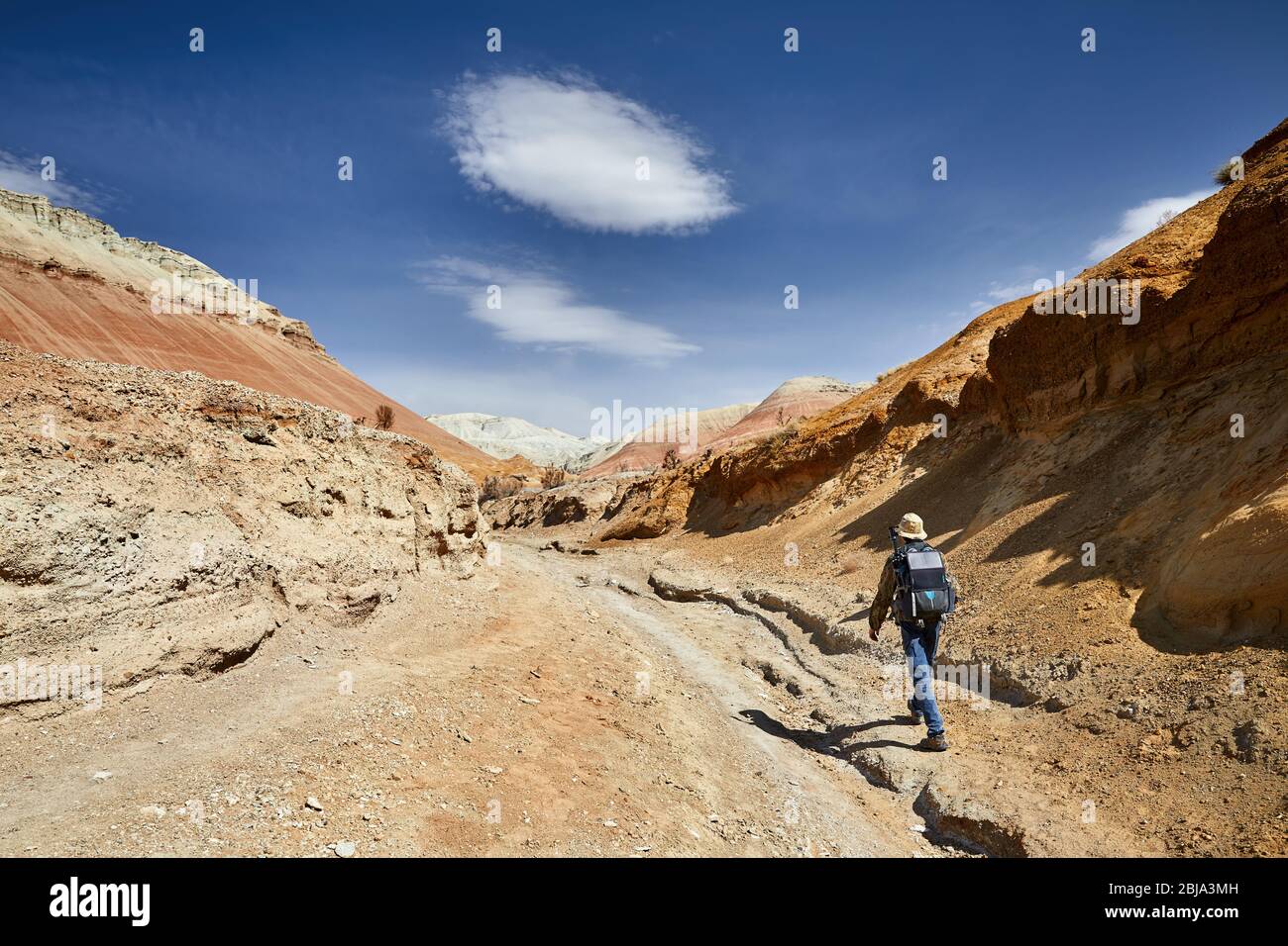 Tourist with backpack and camera walking in dusty canyon on surreal red mountains against blue sky in the desert Stock Photo