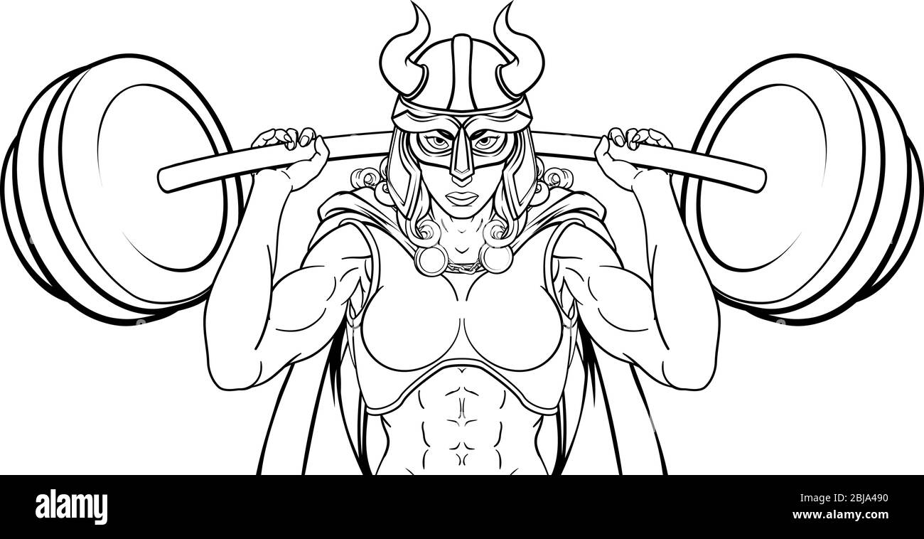 Viking Warrior Woman Weightlifter Lifting Barbell Stock Vector
