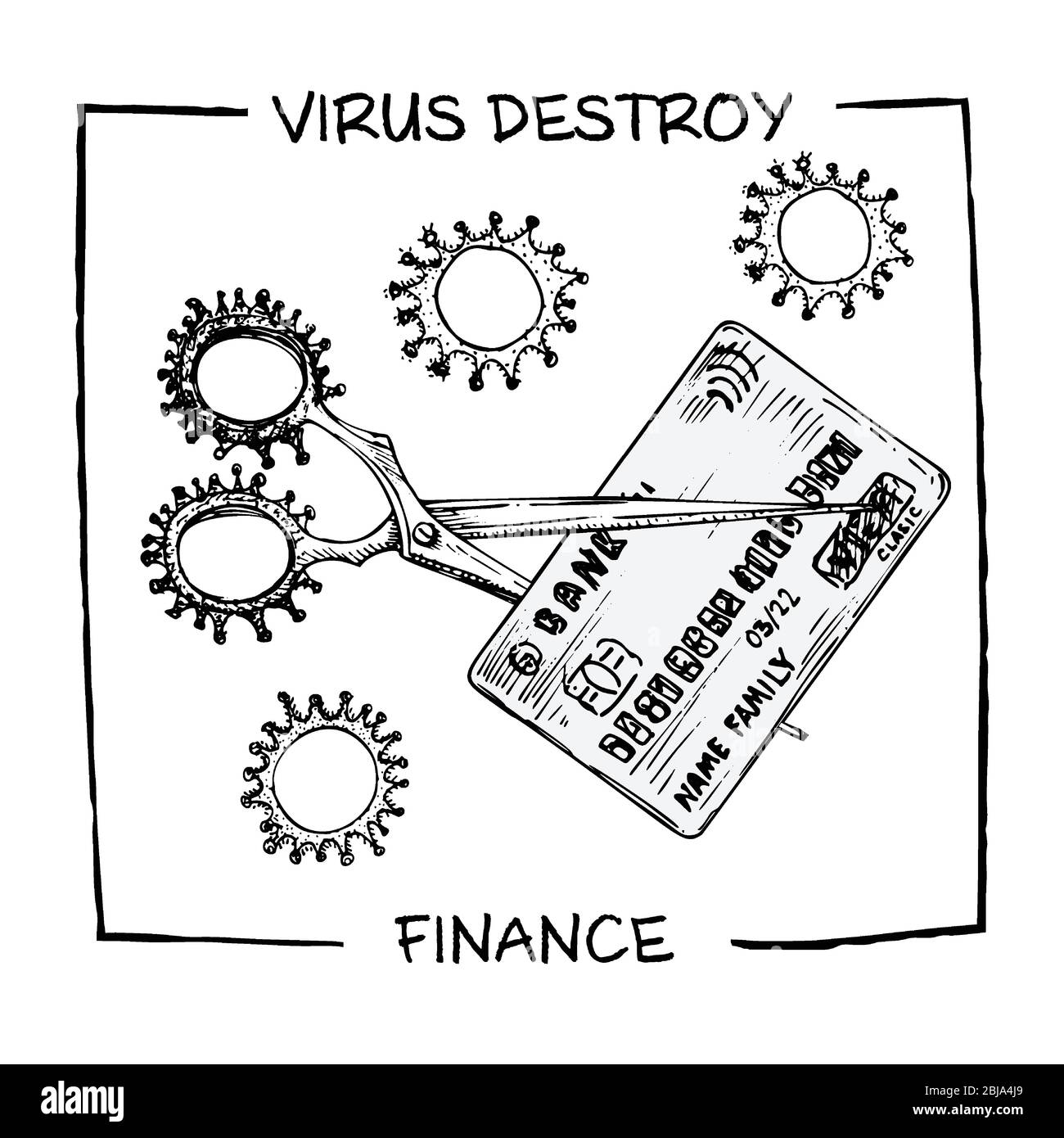 Poster against coronavirus epidemic with text virus destroy finance. Design concept for economic and financial information projects. Scissors cut Stock Vector