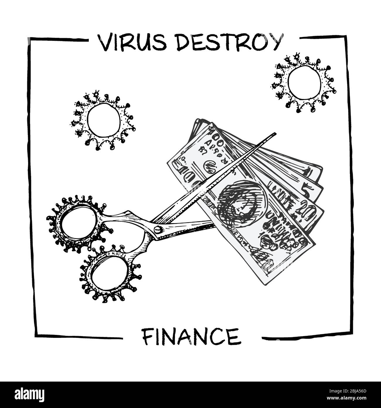 Poster against coronavirus epidemic with text virus destroy finance. Design concept for economic and financial information projects. Scissors cut Stock Vector