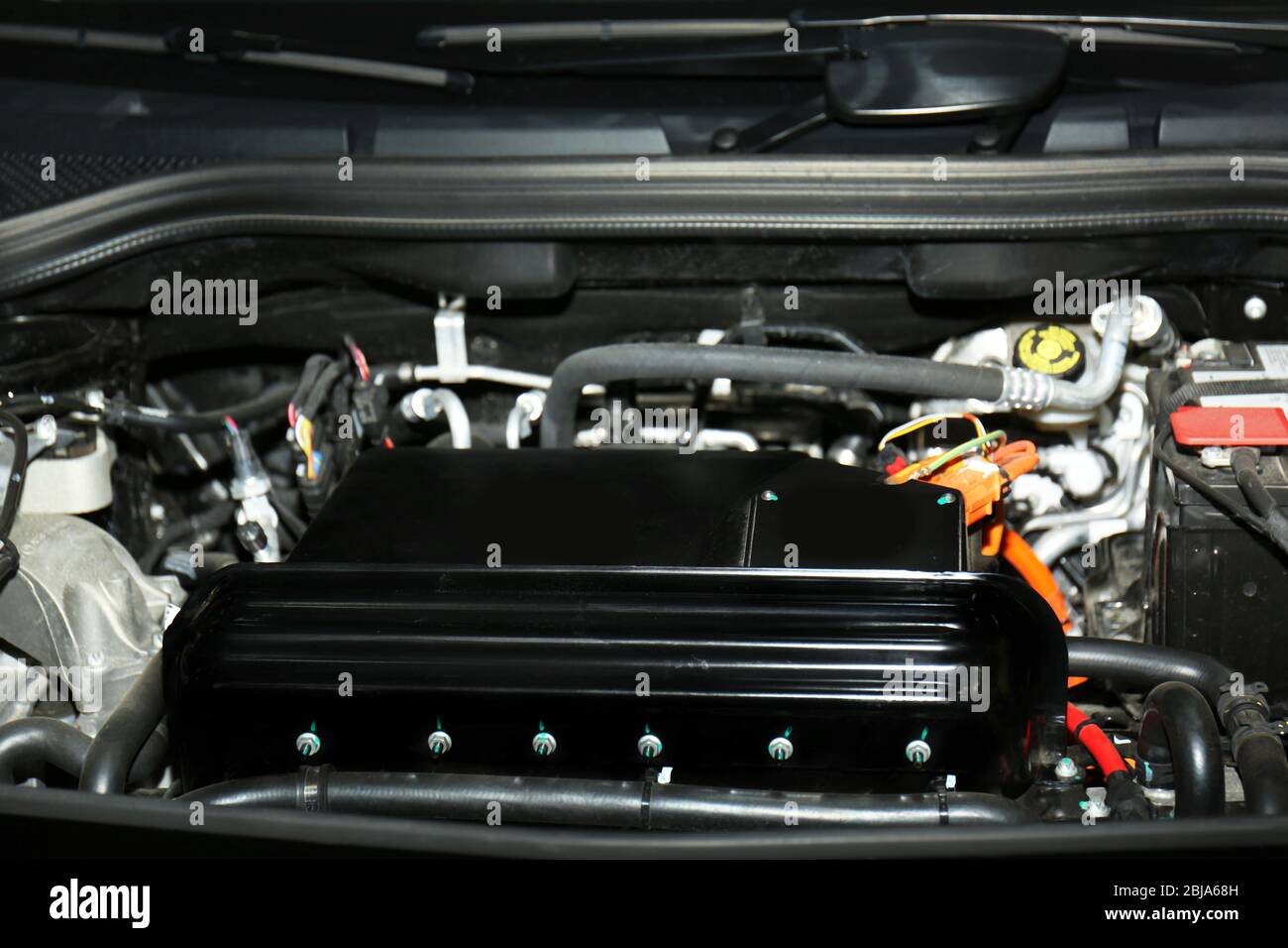 Electric car accumulator in the hood Stock Photo Alamy