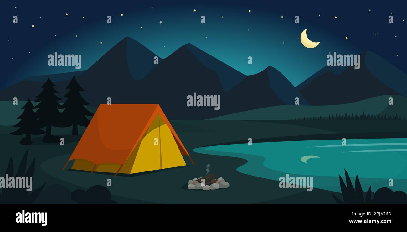 Camping in the forest at night, adventure and tourism concept Stock Vector