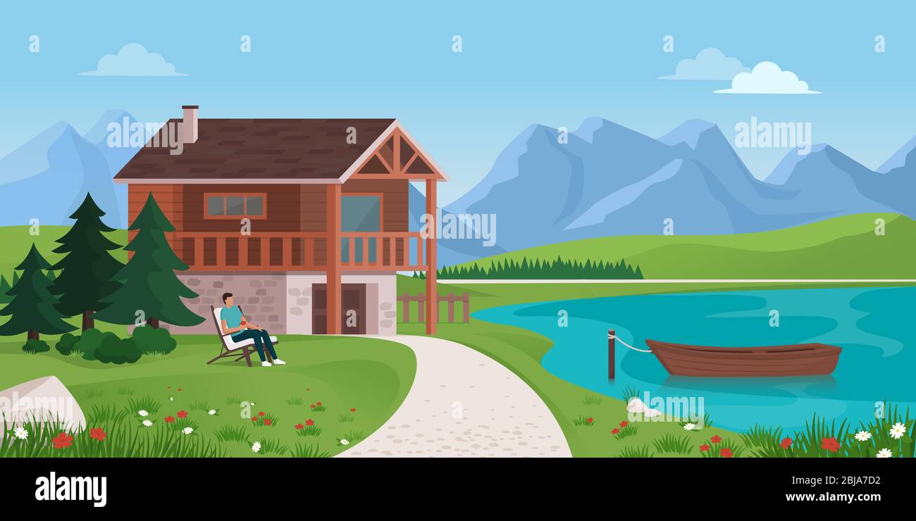 Man having relaxing vacations outdoors, he is lying on a deck chair next to a mountain chalet, landscape with mountains in the background Stock Vector