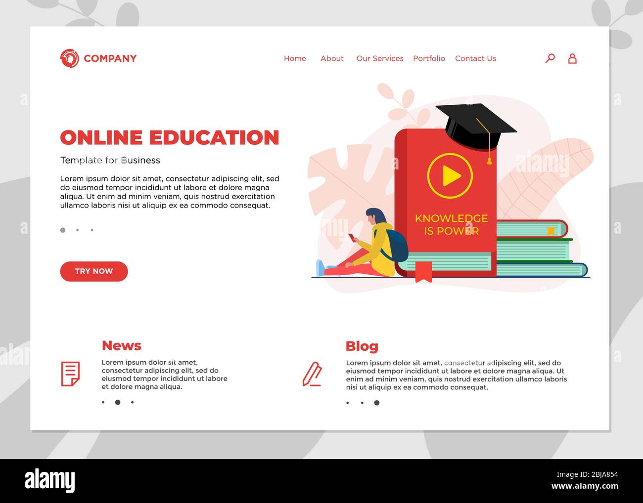 Online education course landing page template. E-learning web design mock up with student female and many books. Remote learning and internet studying knowledge webinar vector concept illustration Stock Vector