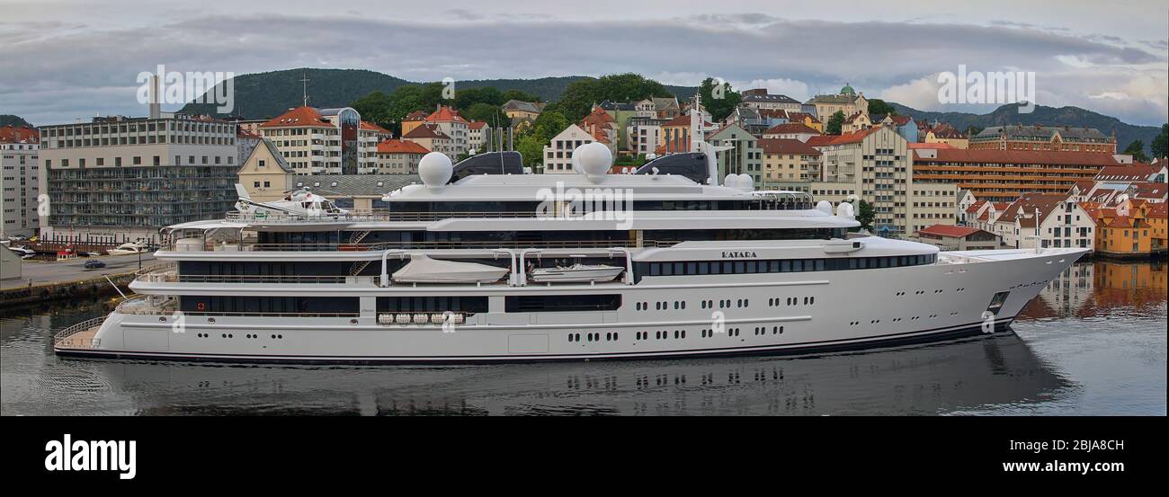 The Super Yacht Katara berthed against the Quay at the Bergen Waterfront one early morning in August. Stock Photo