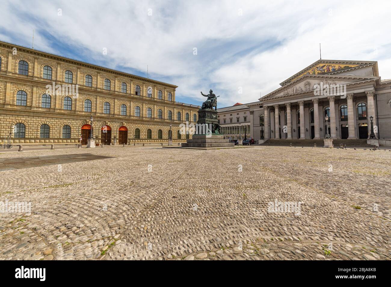 View of Max-Josephs-Platz with Munich Residence (Residenz), Bavarian State Opera (Bayerische Staatsoper) & statue of King Maximilian I. Joseph. Stock Photo