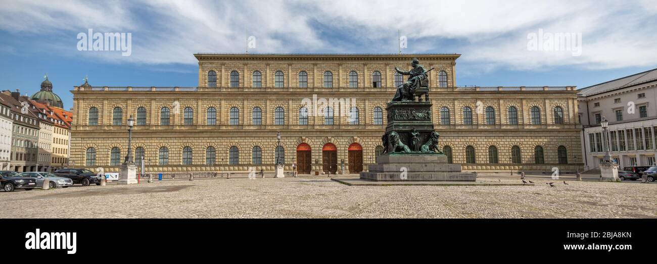 Panorama of the Munich Residence (Residenz). Contains the royal treasury. With statue of King Maximilian I Joseph of Bavaria. Tourist destination. Stock Photo