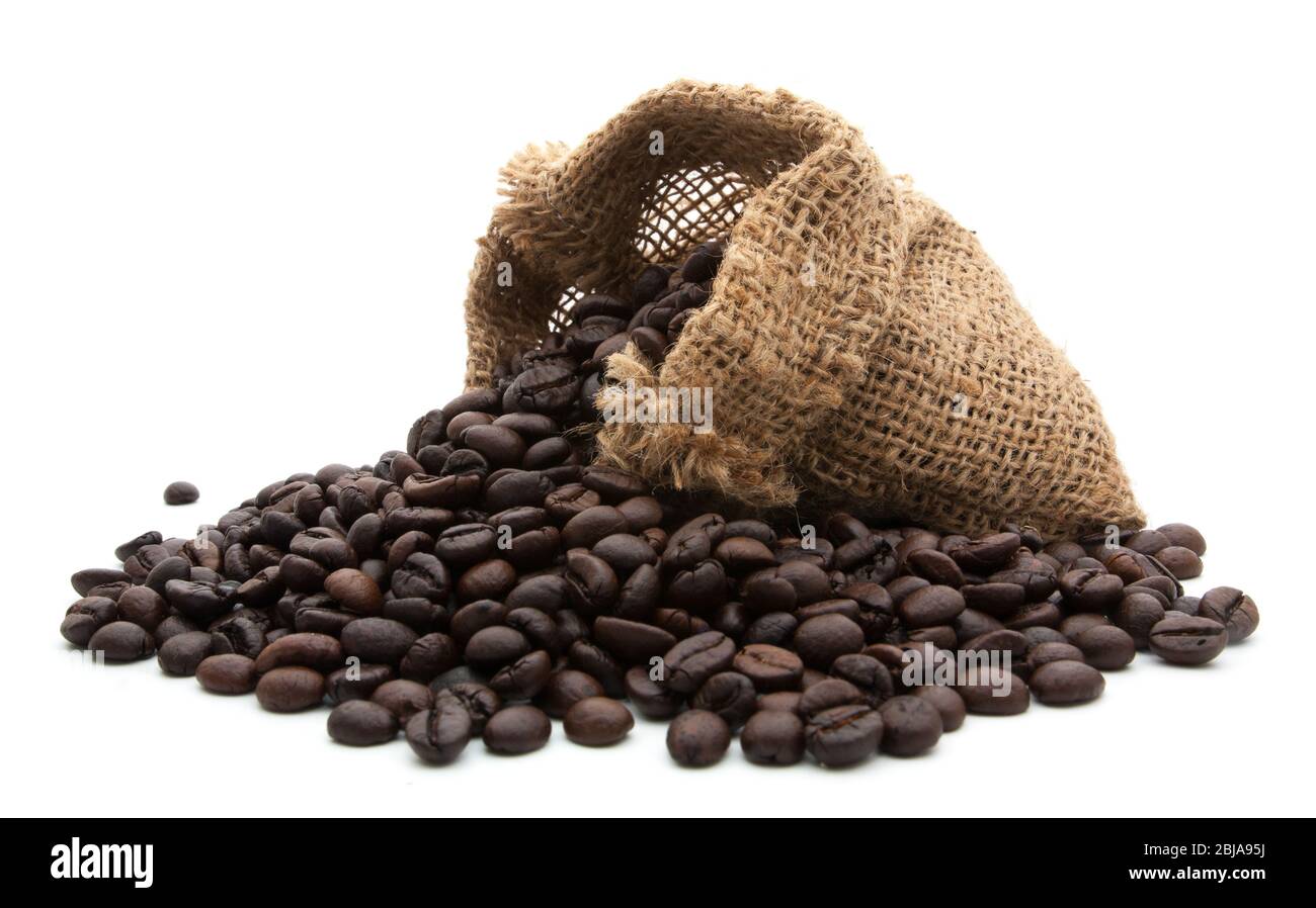 coffee beans in bag isolated on white background Stock Photo - Alamy