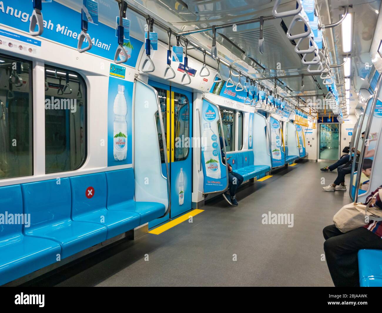 Jakarta, Indonesia - 3rd Apr 2020: Deserted/empty MRT carriage in Jakarta. People are working at home or staying at home due to covid-19 pandemic fear. Stock Photo