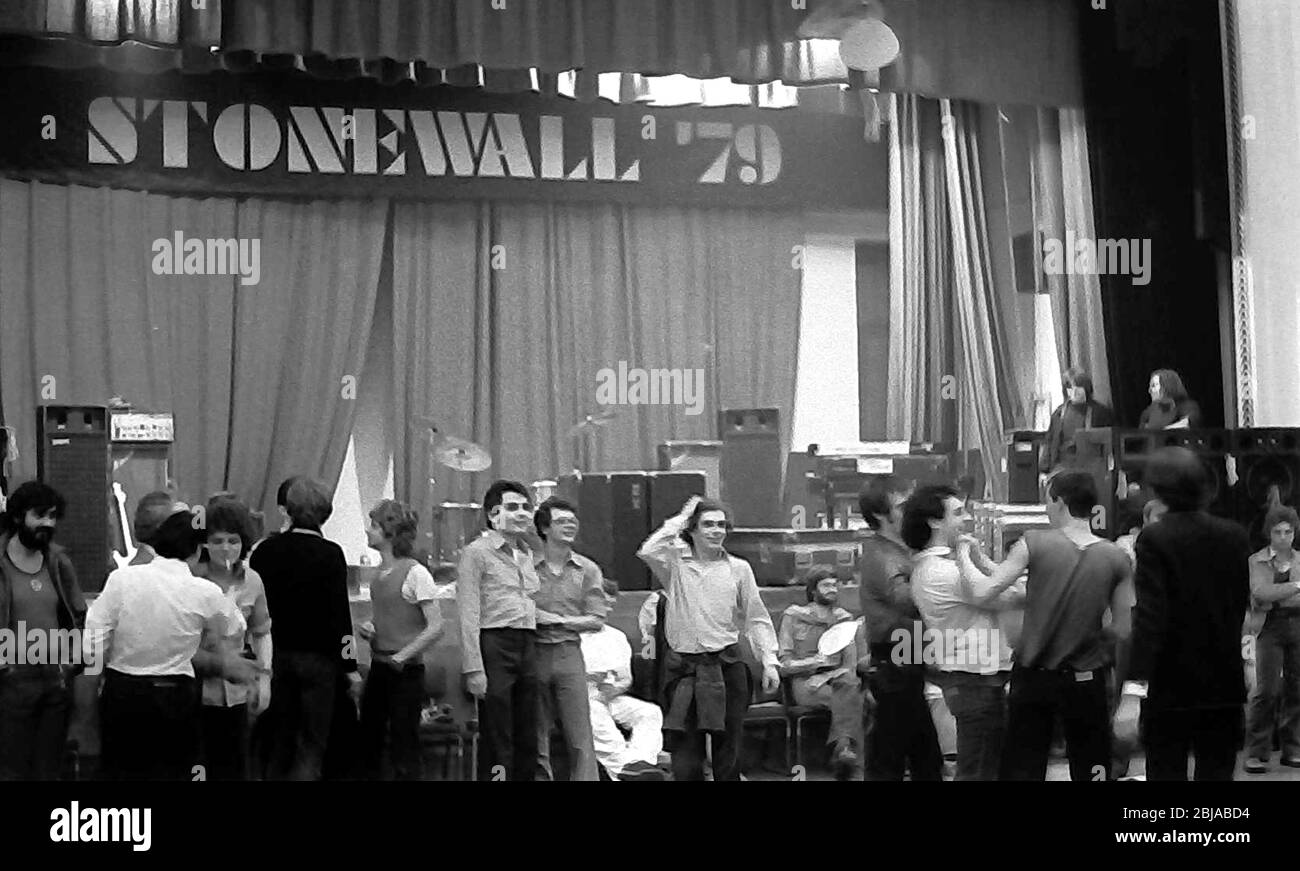 A fundraising dance event at the Camden Centre, London, England, United Kingdom, to raise money for the 1979 Gay Pride week events. London Gay Pride that year had the theme: 'Stonewall 69 Gay Pride 79'. Stock Photo