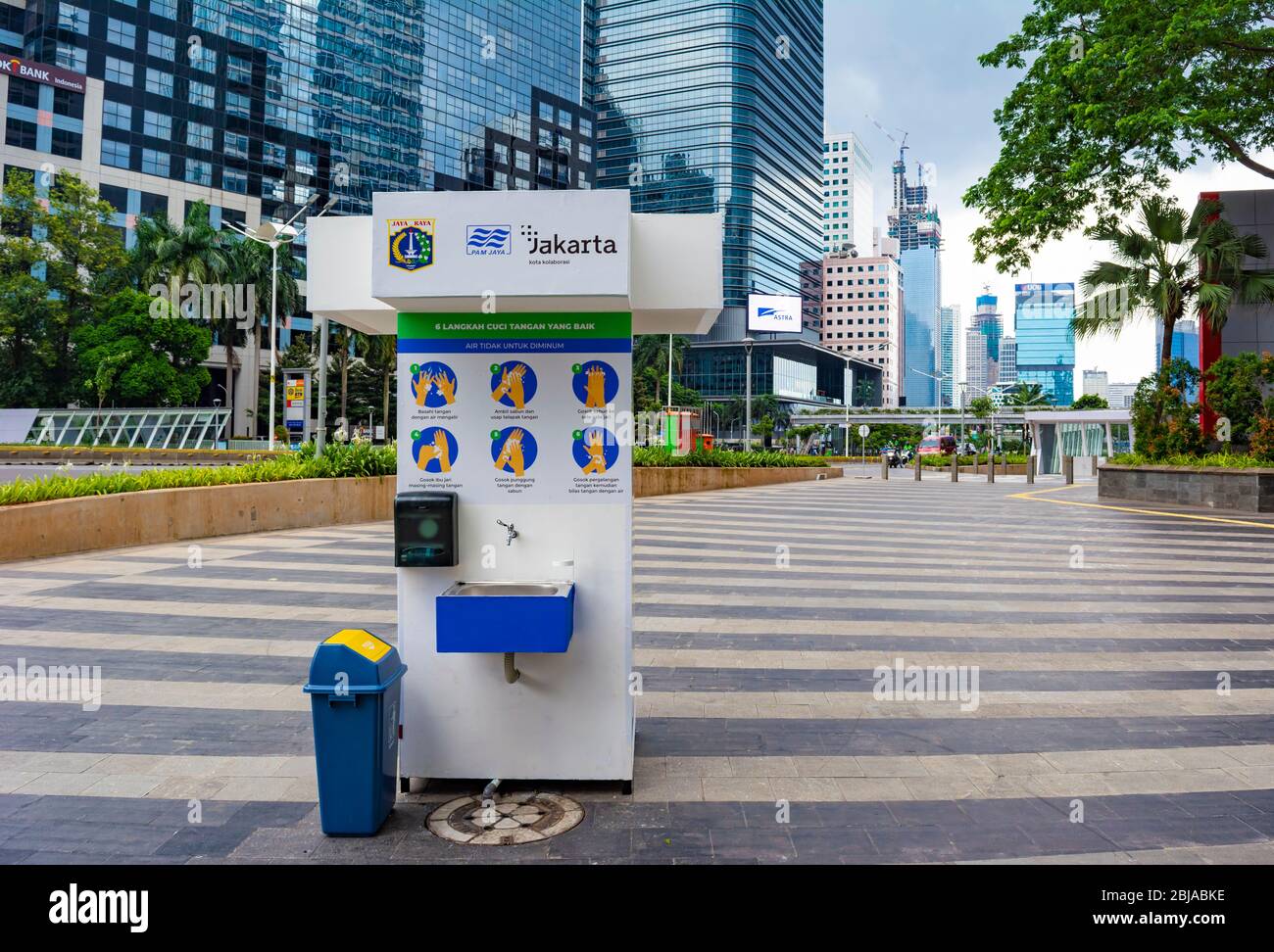 Jakarta, Indonesia - 3rd Apr 2020: Portable washbasin in Central Jakarta, Indonesia. Washing hands often is a way to reduce covid-19 pandemic. Stock Photo