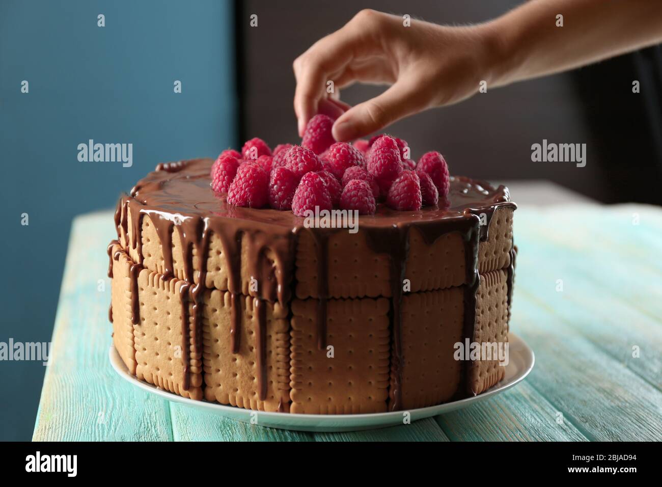 Melted Raspberry Cookie cake with melted chocolate and raspberries Stock Photo - Alamy