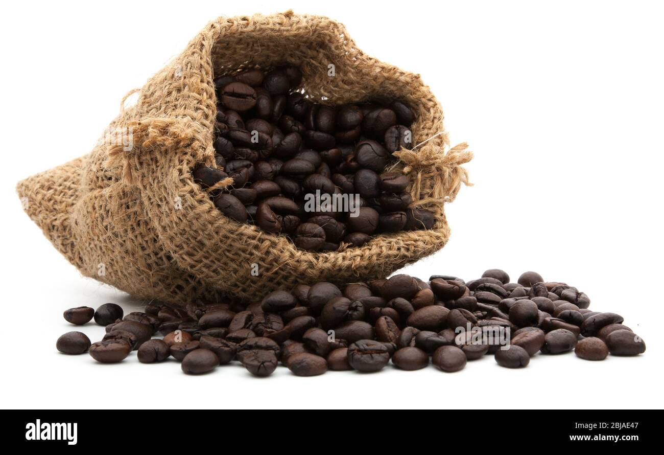 coffee beans in bag isolated on white background Stock Photo - Alamy