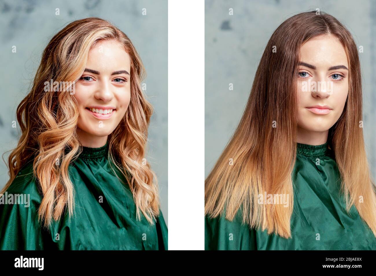 Hair before and after straightening. Woman's hair treatment Stock Photo