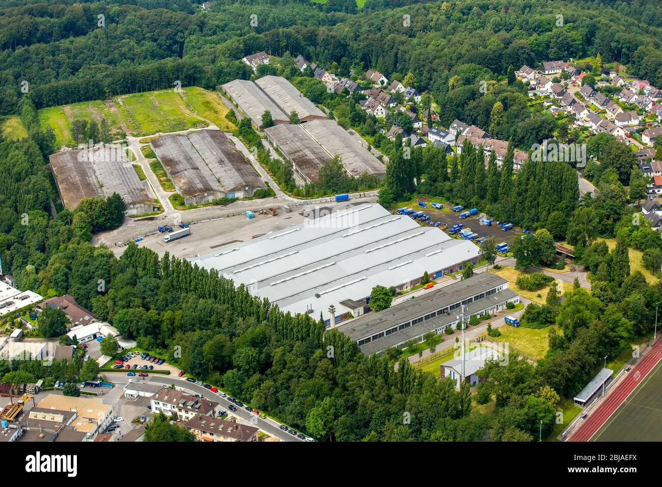 Premises of the Federal Agency for Technical Relief - logistics center Heiligenhaus - with warehouses and company buildings in Heiligenhaus, 07.07.2016, aerial view, Germany, North Rhine-Westphalia, Heiligenhaus Stock Photo
