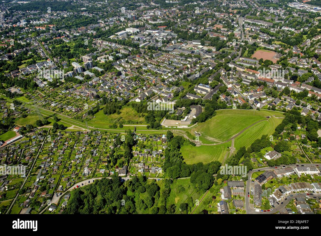 , District Bergeborbeck the Borbecker Muehlenbach in the urban area in Essen, 23.06.2016, aerial view, Germany, North Rhine-Westphalia, Ruhr Area, Essen Stock Photo