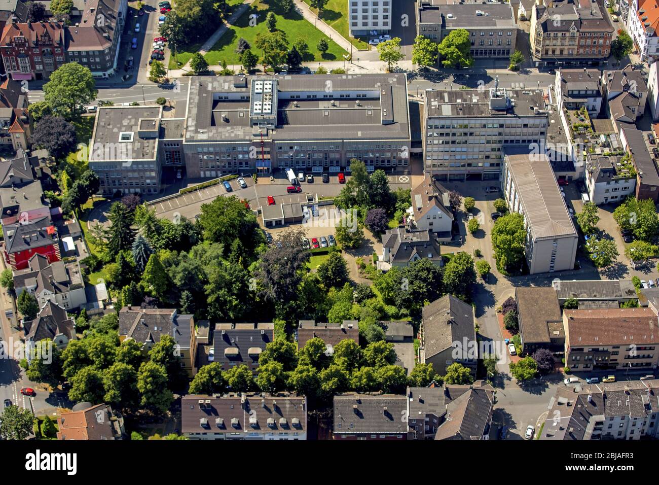 Banking administration building of the financial services company Sparkasse Witten - head office in Witten, 19.07.2016, aerial view, Germany, North Rhine-Westphalia, Ruhr Area, Witten Stock Photo