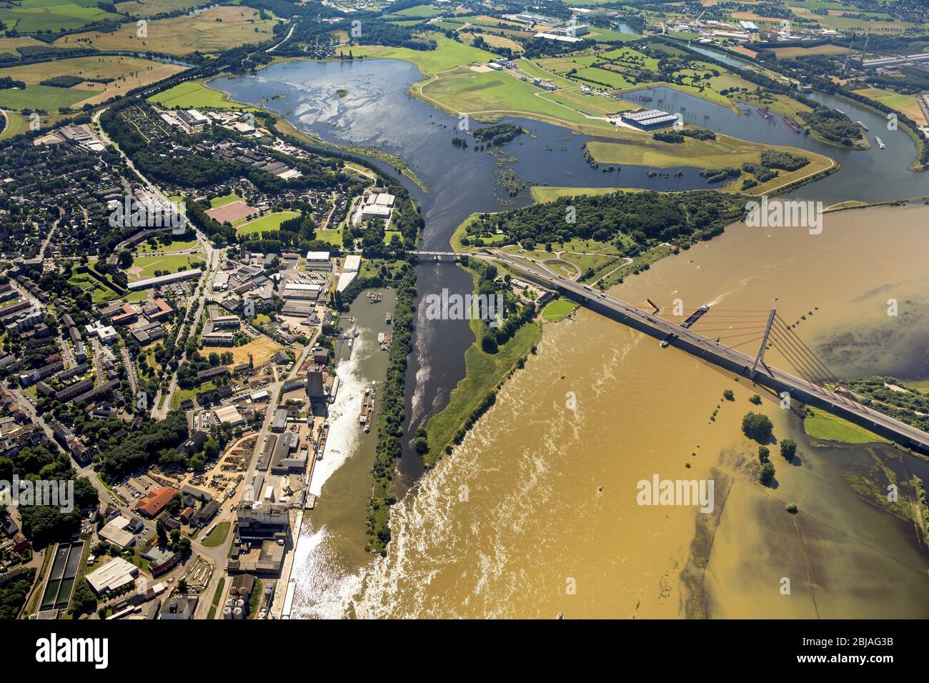 Landscapes of the redesigned lip opening space in the flux flow of the Rhine in Wesel, 23.06.2016, aerial view, Germany, North Rhine-Westphalia, Ruhr Area, Wesel Stock Photo