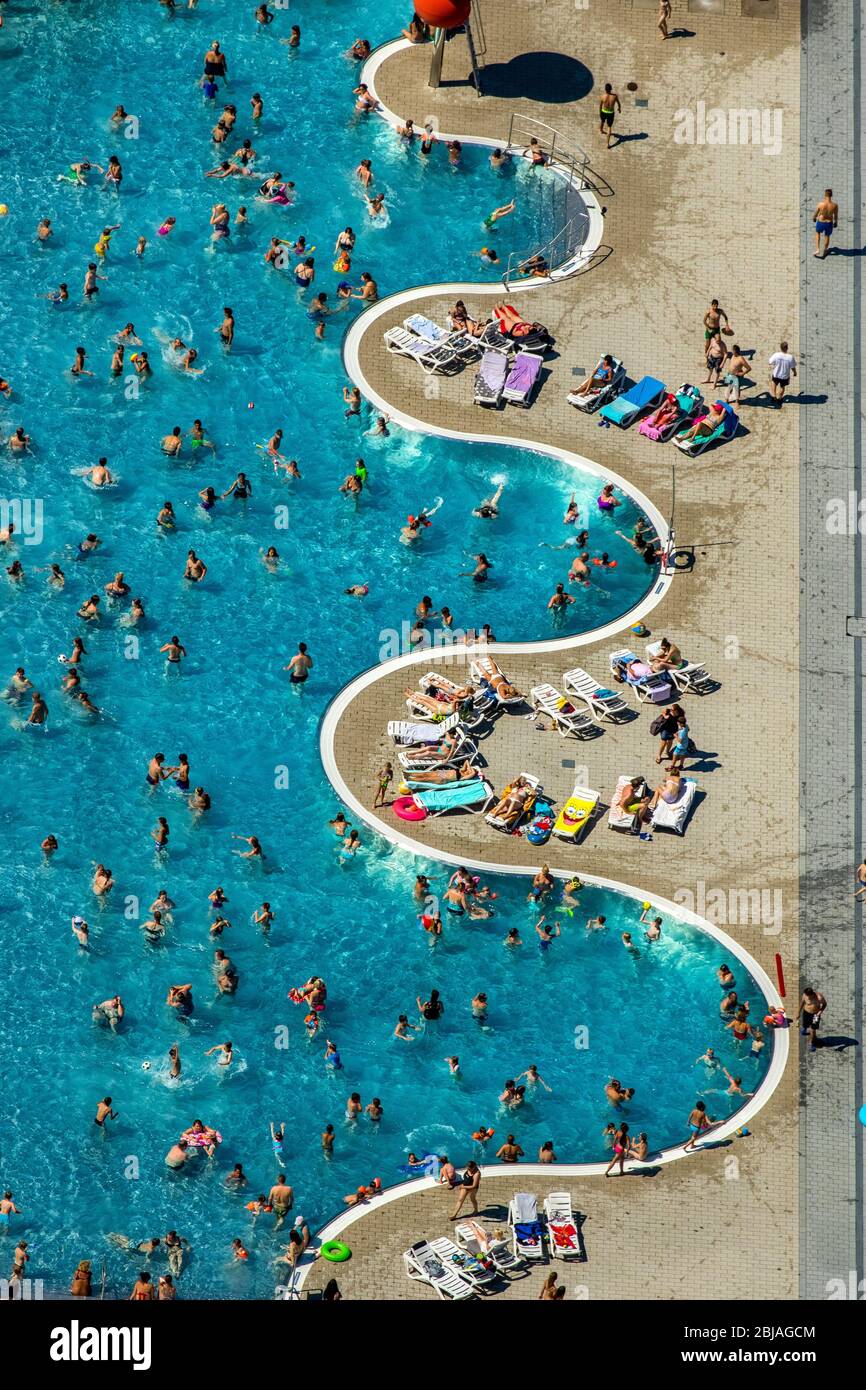 Bathers on the lawn by the pool of the swimming pool Freibad Annen on Herdecker Strasse in Witten, 19.07.2016, aerial view, Germany, North Rhine-Westphalia, Ruhr Area, Witten Stock Photo