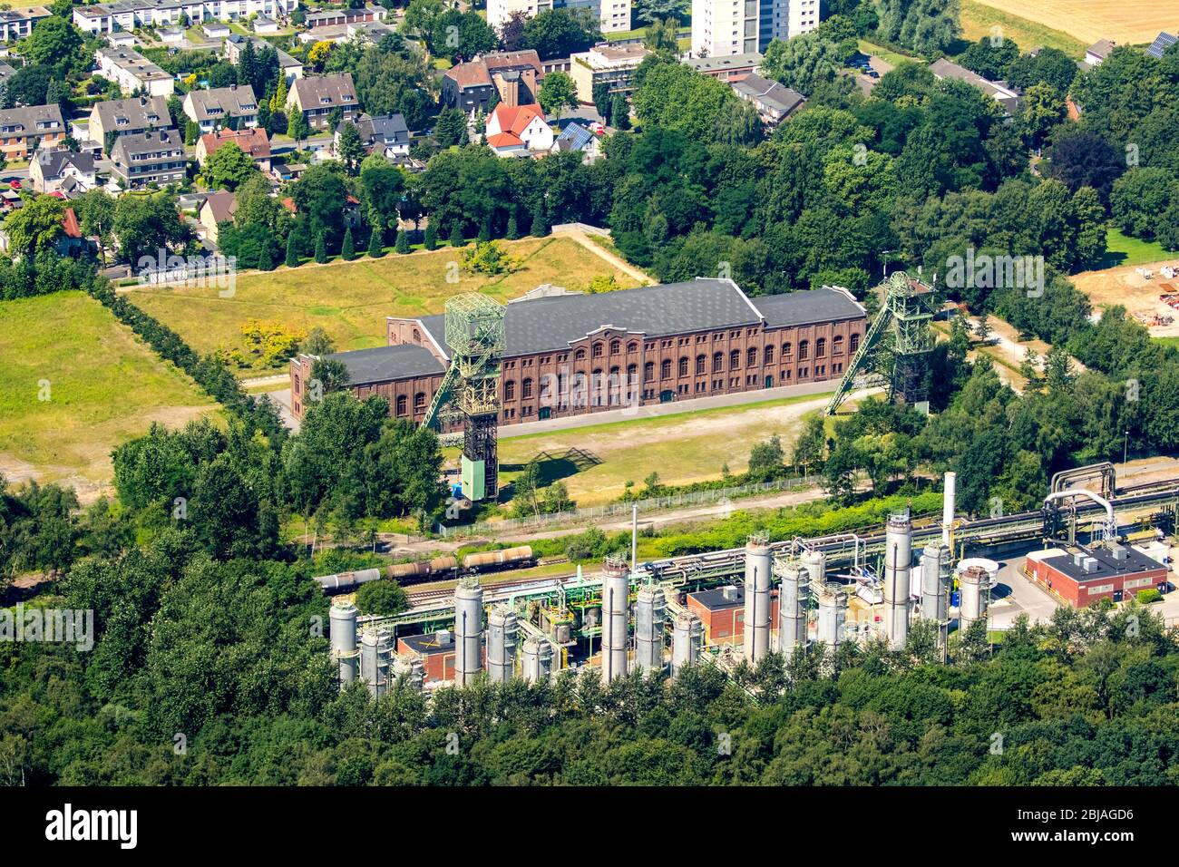 Maschinenhalle in Gladbeck, the industrial monument is now the venue for events such as concerts, theater, exhibitions and fairs, 19.07.2016, aerial view, Germany, North Rhine-Westphalia, Ruhr Area, Gladbeck Stock Photo