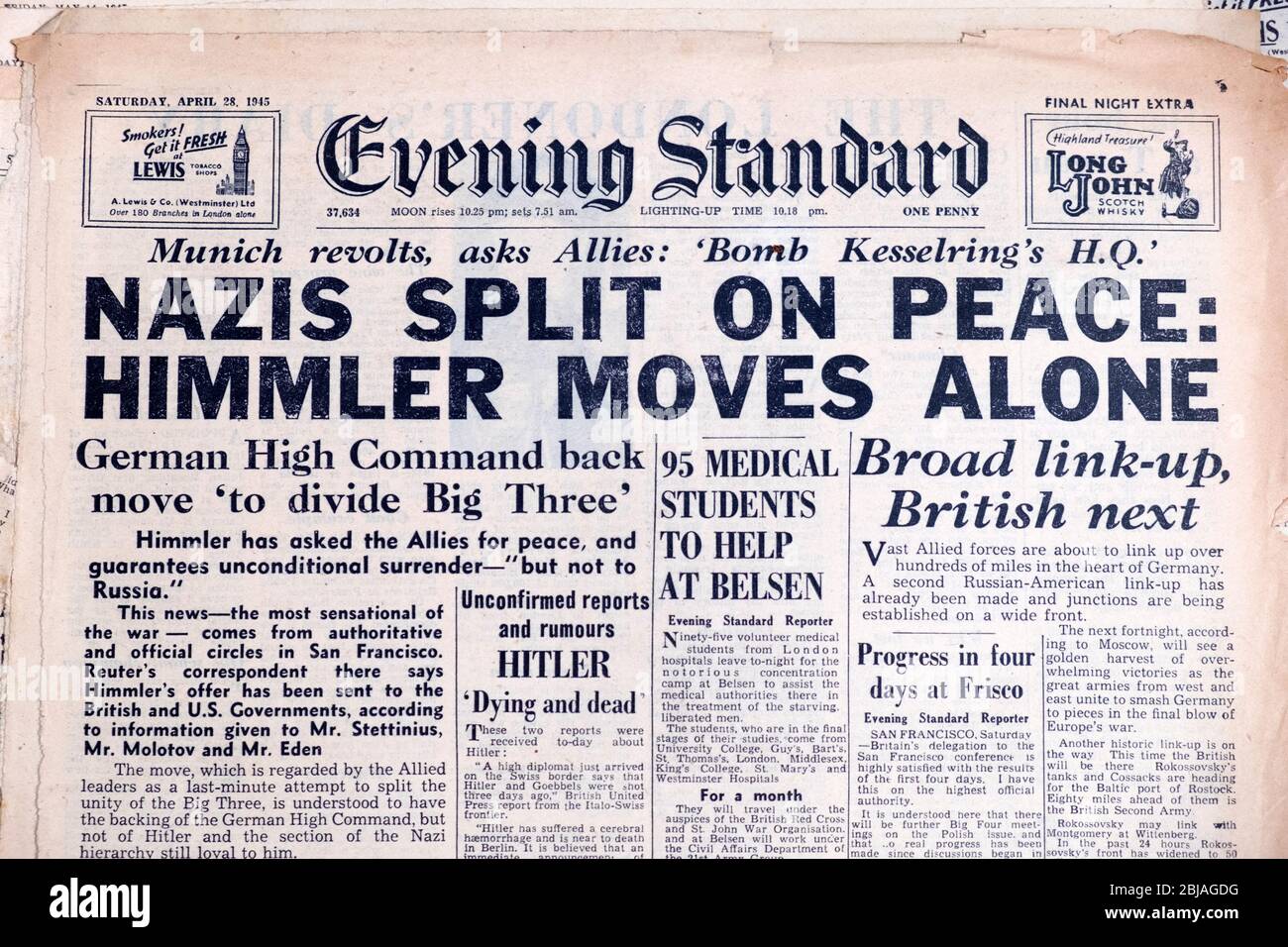 'Nazis Split on Peace: Himmler Moves Alone ' 'Unconfirmed reports and rumours Hitler dying and dead' WWII newspaper headline 28 April 1945  London UK Stock Photo