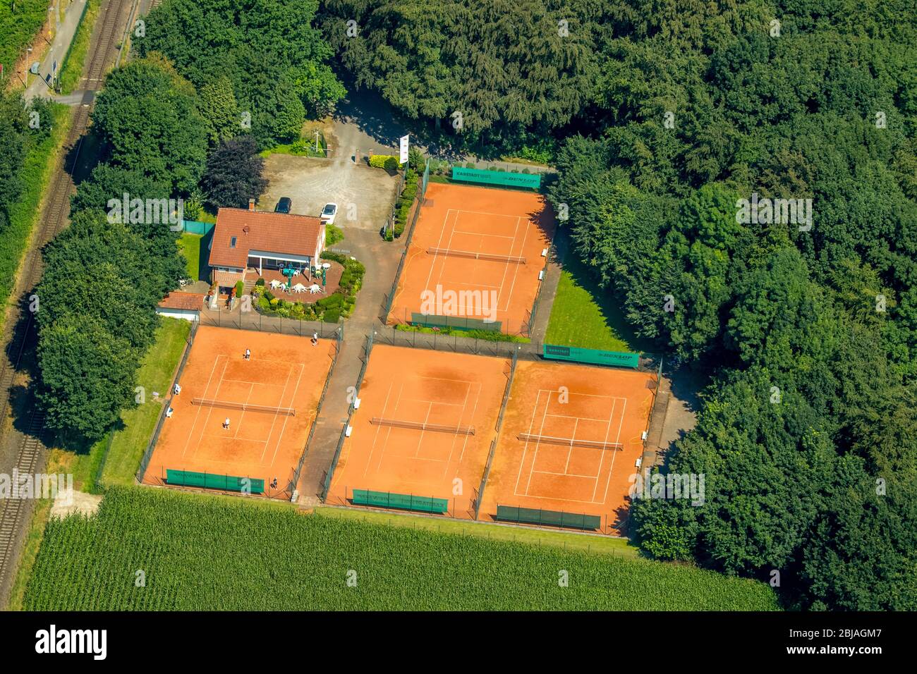 , Tennis courts of the local tennis club in Bottrop-Feldhausen, 19.07.2016, aerial view, Germany, North Rhine-Westphalia, Ruhr Area, Bottrop Stock Photo