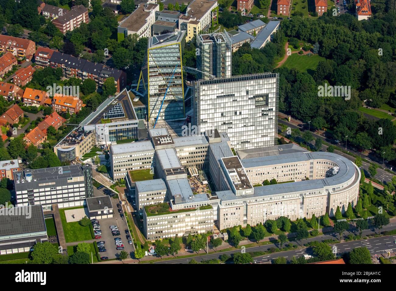 Office building of the administrative and business center of the LVM insurance at the Weseler street in Muenster, 07.06.2016, aerial view, Germany, North Rhine-Westphalia, Munster Stock Photo
