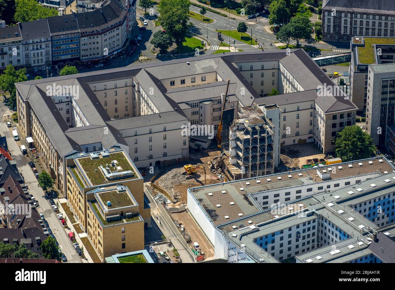 complex of the courts Landgericht und Amtsgericht Essen and prison, 23.06.2016, aerial view, Germany, North Rhine-Westphalia, Ruhr Area, Essen Stock Photo