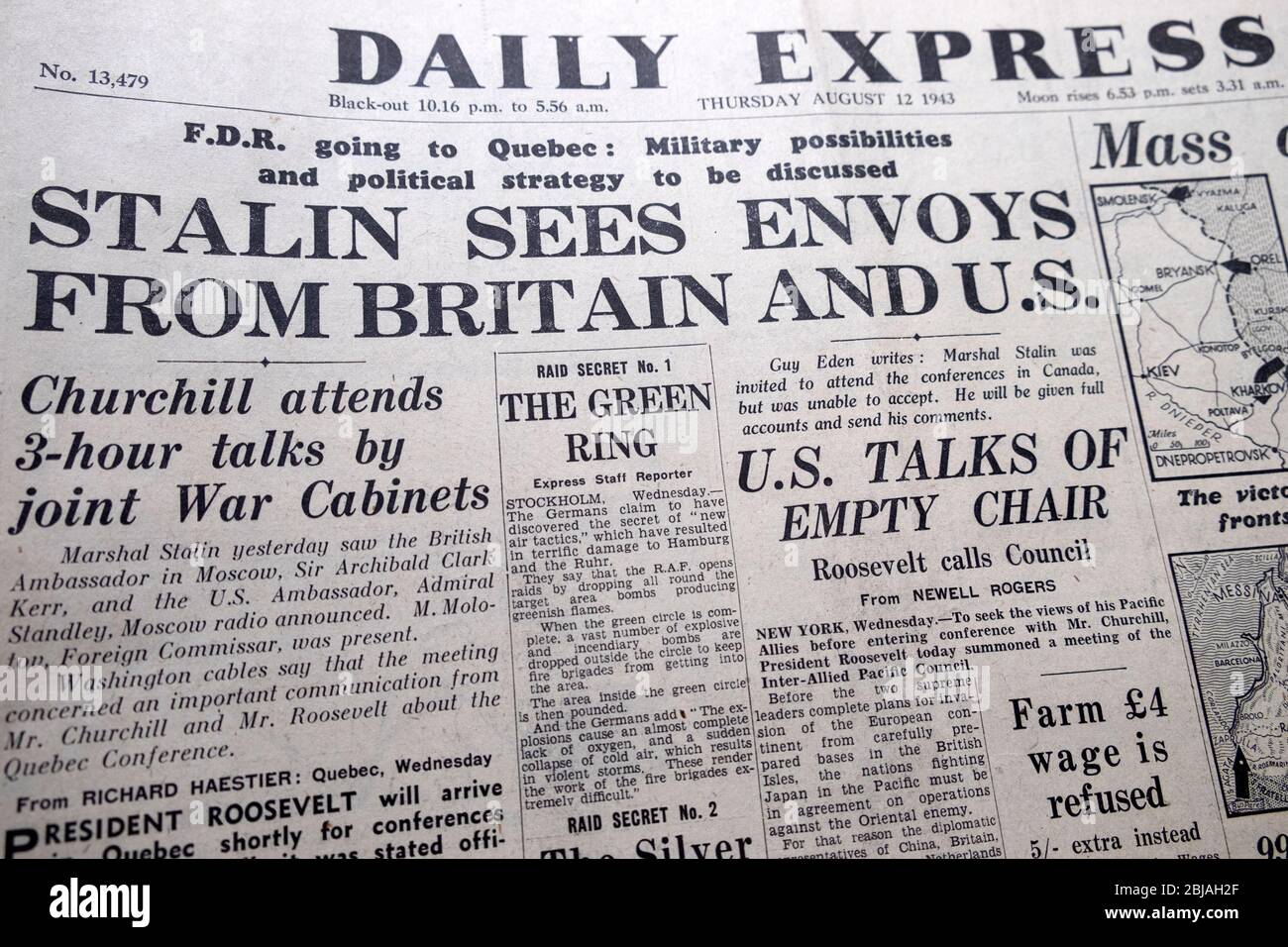 Daily Express newspaper headline World War 2 'Stalin Sees Envoys From Britain and U.S.' 'Churchill...talks by joint War Cabinets 12 Aug 1943 London UK Stock Photo