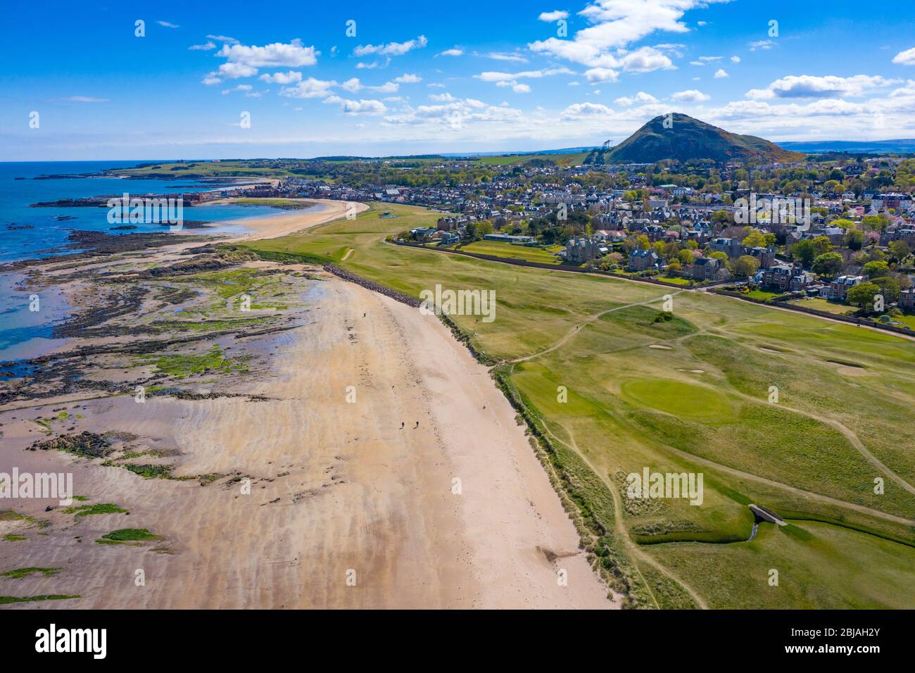 Aerial view of North Berwick beach and North Berwick Golf Club, East Lothian, Scotland, UK Stock Photo