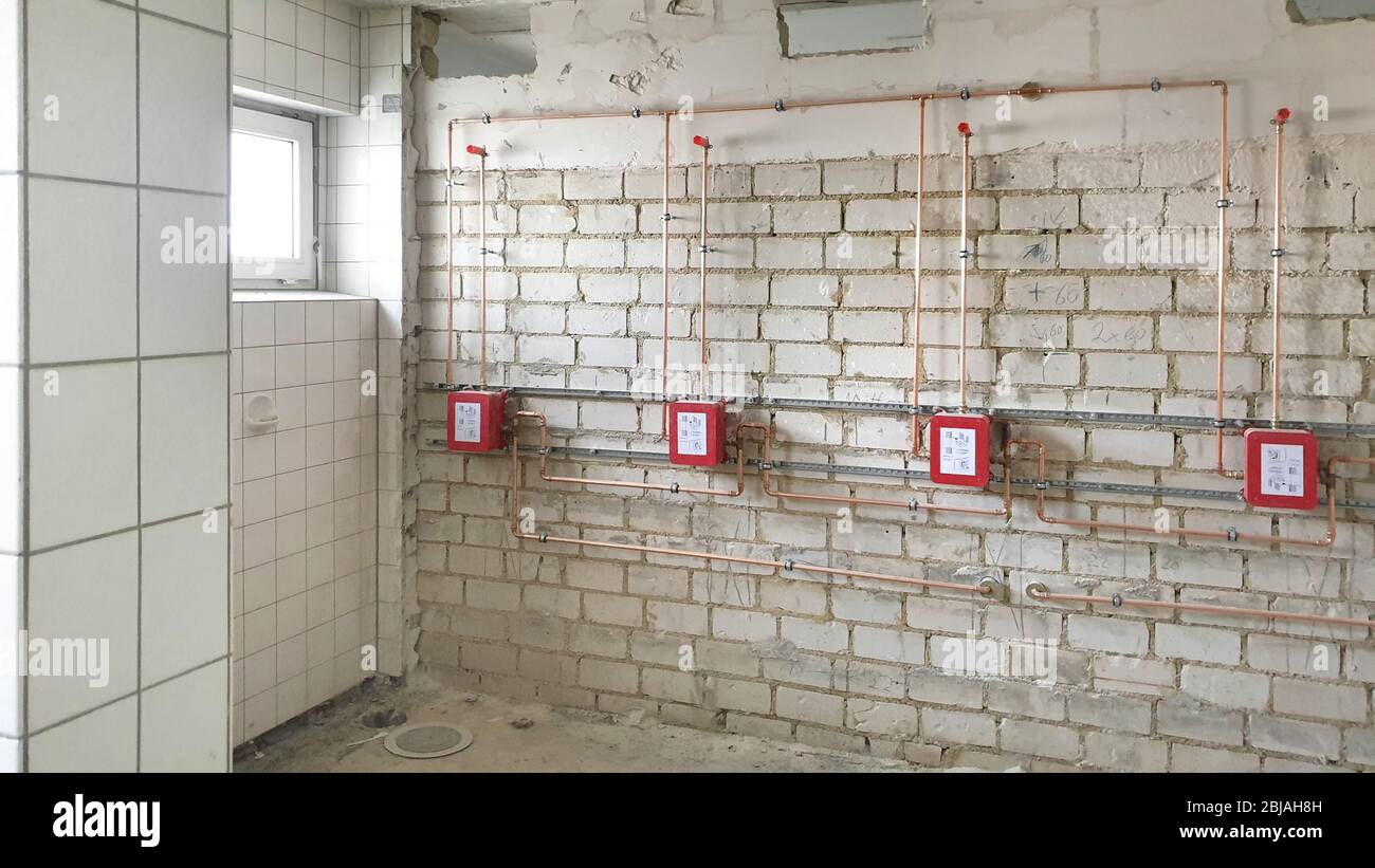 renovation of the sanitary facilities, communal showers of a sports hall, Germany Stock Photo