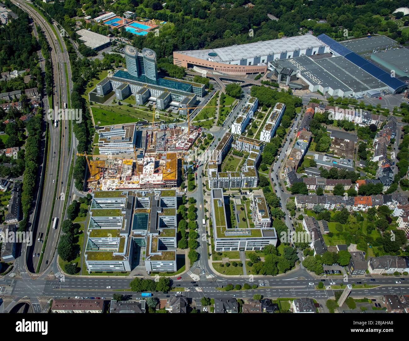 fairground Messe Essen, 23.06.2016, aerial view, Germany, North Rhine-Westphalia, Ruhr Area, Essen Stock Photo