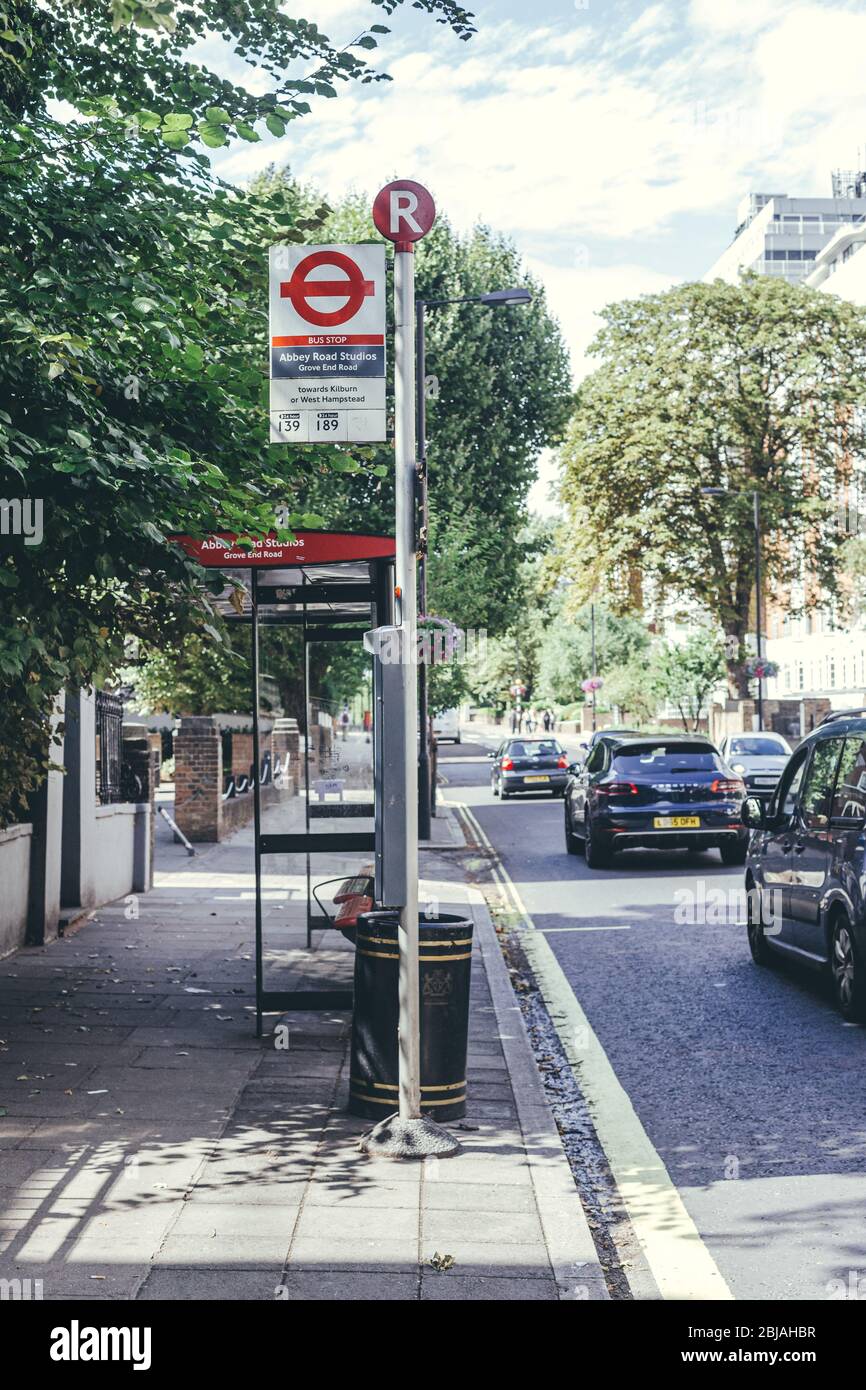 London/UK30/7/18 Abbey Road Studios bus stop on Grove End Road