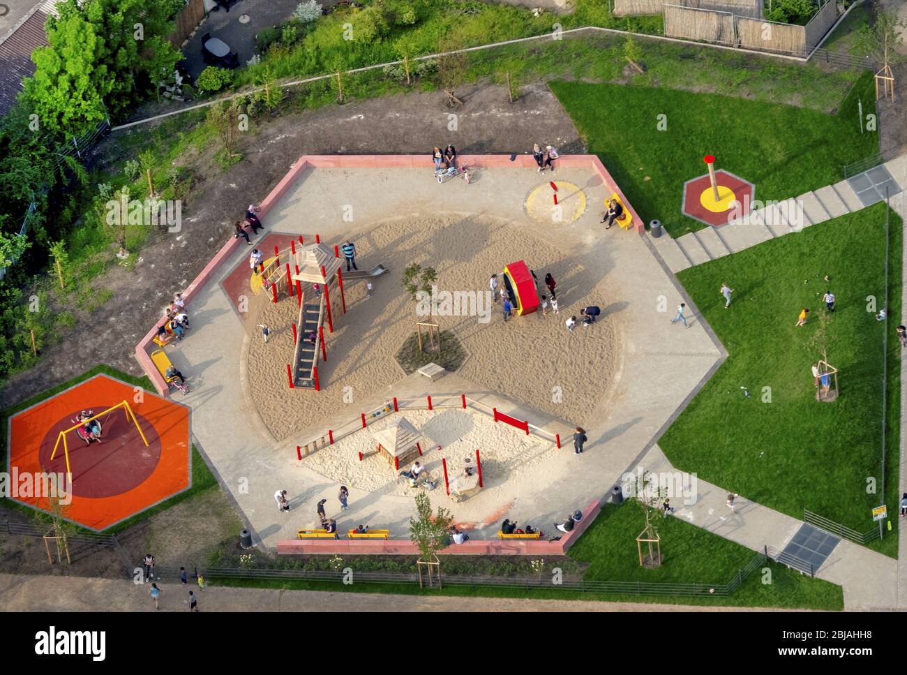 Playground with sandy area in a residential area on Feldahornstrasse in Gelsenkirchen, 26.05.2016, aerial view, Germany, North Rhine-Westphalia, Ruhr Area, Gelsenkirchen Stock Photo