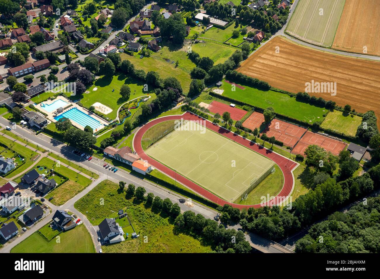 Sports fields of TuS Sythen and openair pool in Haltern, 02.07.2016, aerial view, Germany, North Rhine-Westphalia, Haltern am See Stock Photo