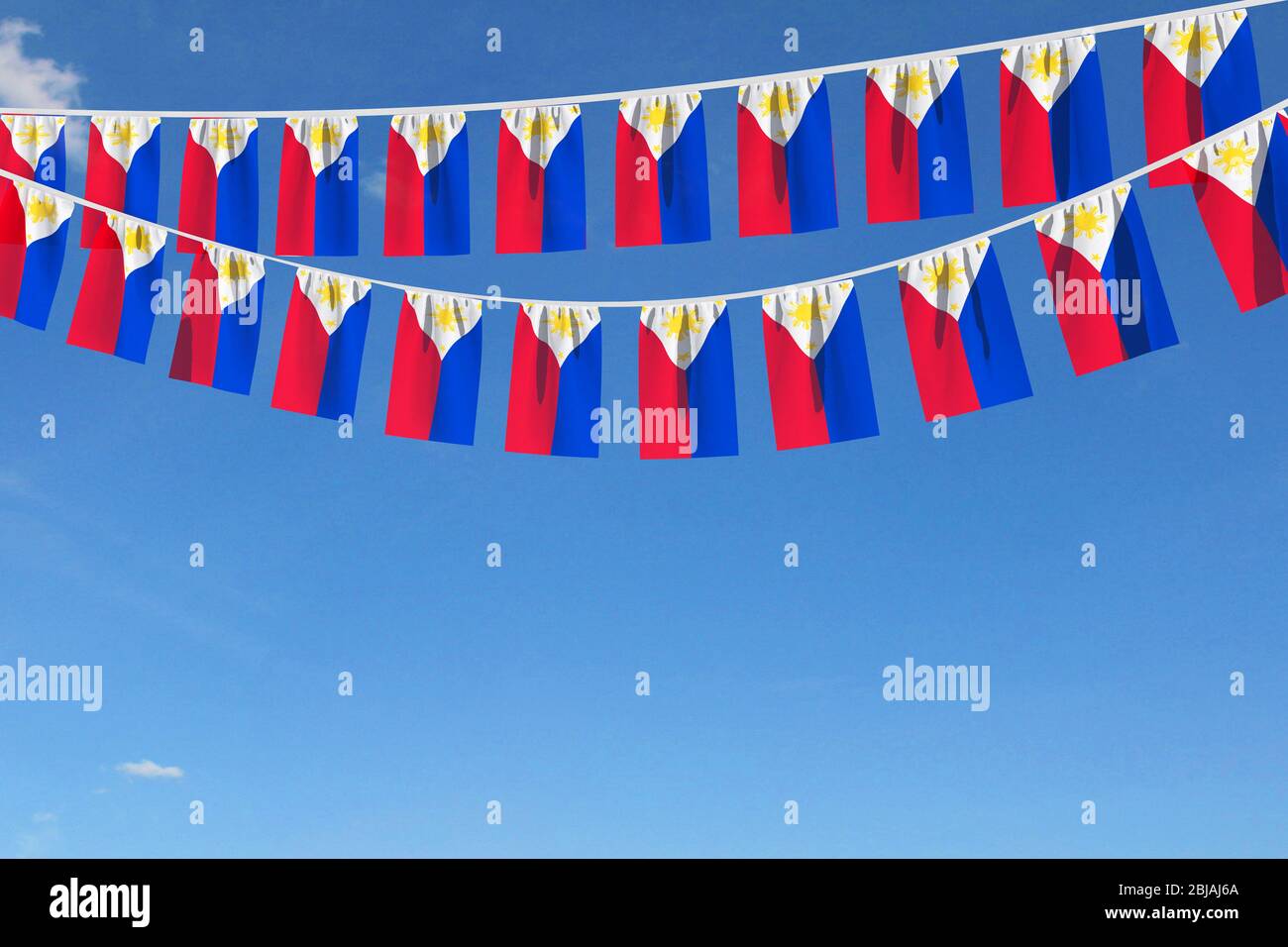 Philippines flag festive bunting hanging against a blue sky. 3D Render