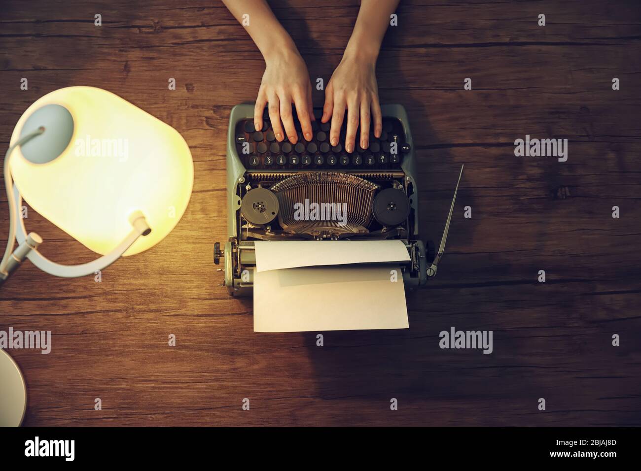 Retro reporter working at the table, top view Stock Photo - Alamy