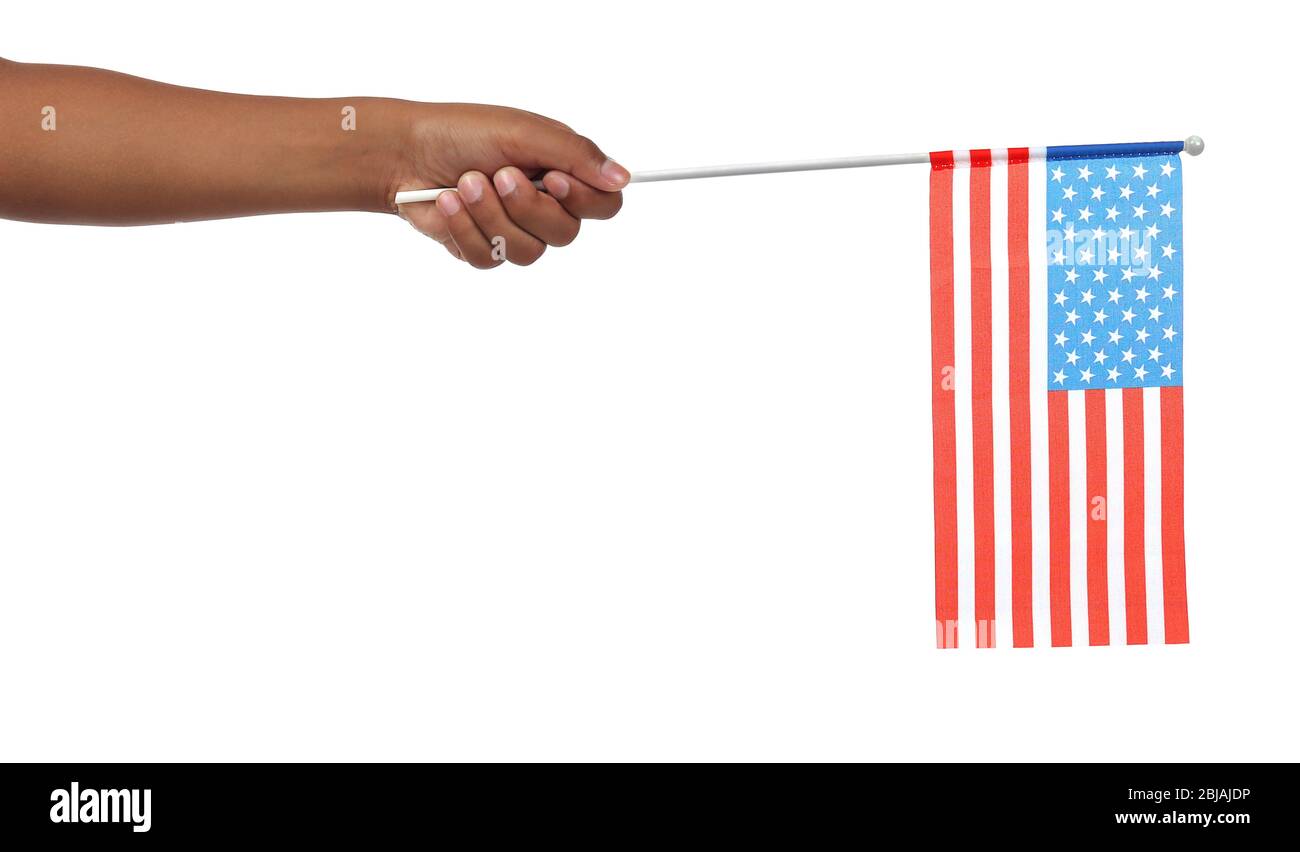 Boy hand holding American flag, isolated on white Stock Photo - Alamy